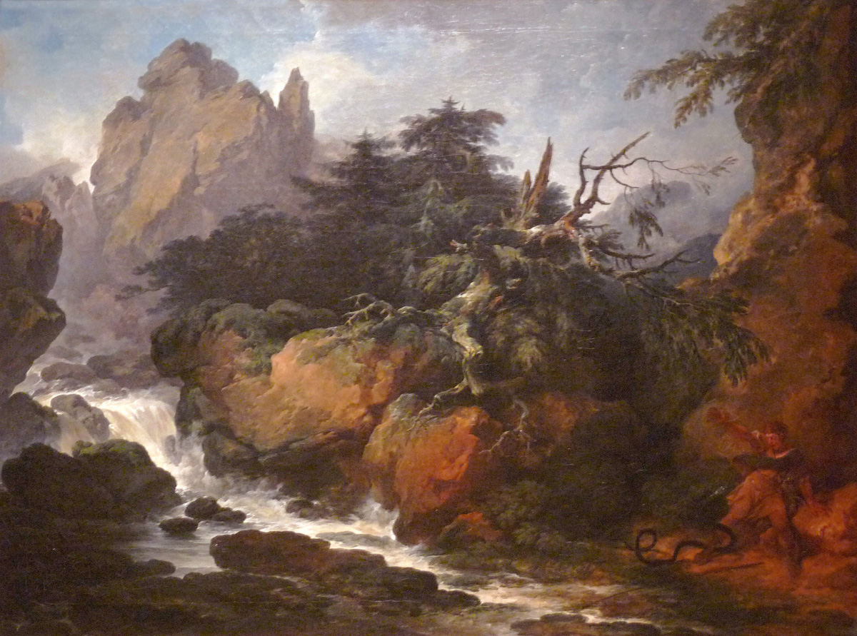 landscape with a waterfall and a man attacked by a snake